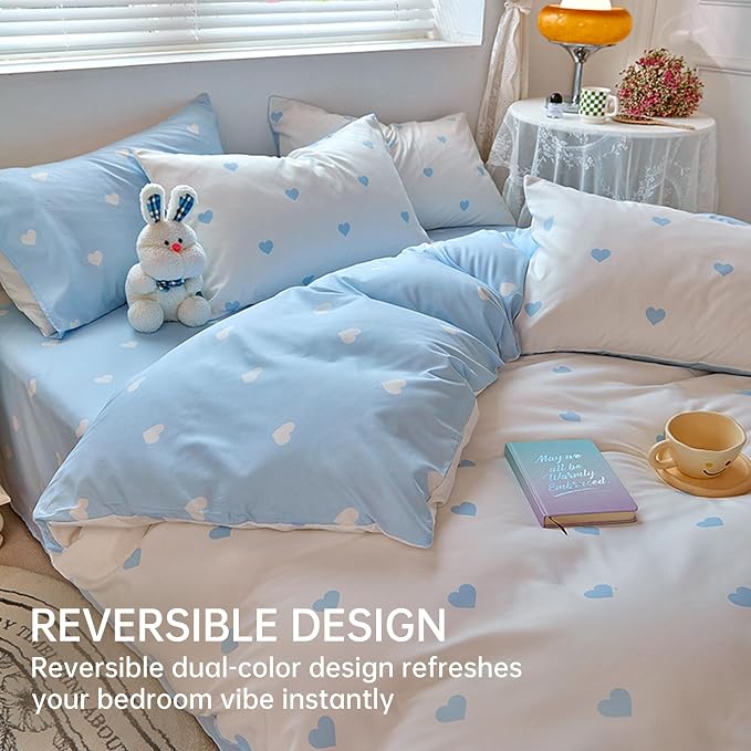 BOLINLIVING Cute Duvet Cover Full Size, Reversible Light Blue & White Heart - Image 2