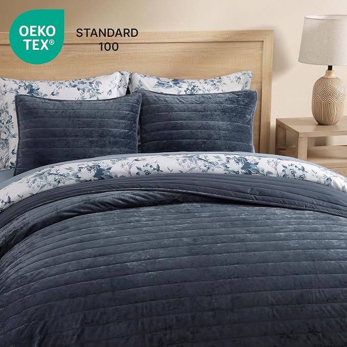 WRENSONGE Velvet Queen Quilt Set-3 Pieces Blue Grey Luxurious Velvet Striped - Image 4
