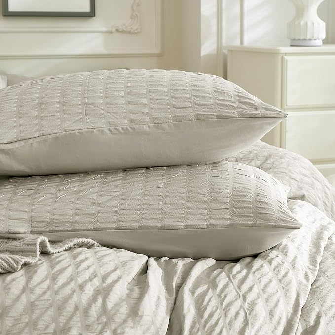 JELLYMONI Beige Duvet Cover Full Size, Soft Breathable Seersucker Duvet Cover - Image 8
