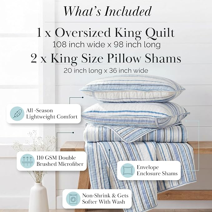 Southshore Fine Living, Inc. Oversized King Quilt Set, All Season Striped Blue - Image 2