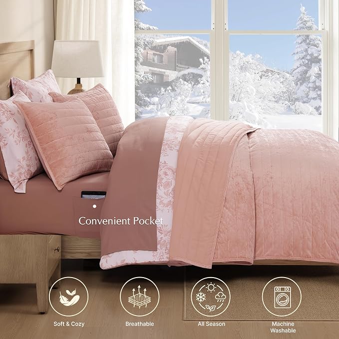 WRENSONGE Velvet King Size Quilt Set-3 Pieces Clay Pink Luxurious Velvet - Image 3