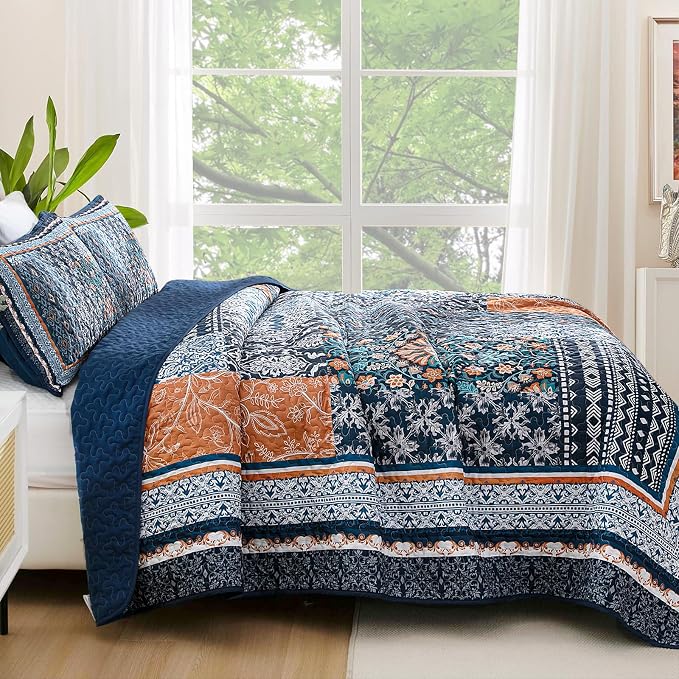 WONGS BEDDING Navy Blue Quilt Set Queen Size, Bohemian Patchwork Bedspread - Image 3