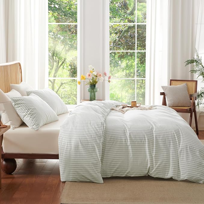 Nayoroom Striped Duvet Cover Queen Size 100% Washed Cotton White Green Stripe - Image 3