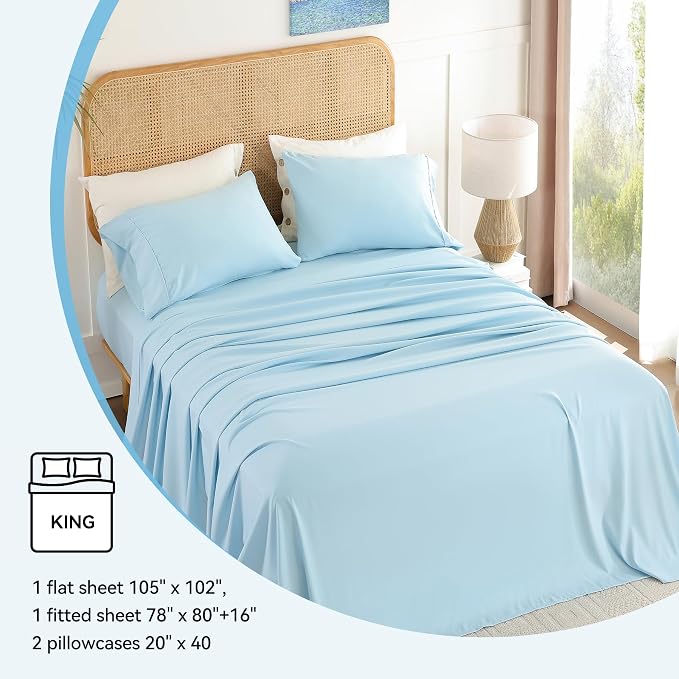 King Sheet Set 4 Piece, Wrinkle Free, Oeko-Tex Certified Bedsheets，Sky Blue - Image 6