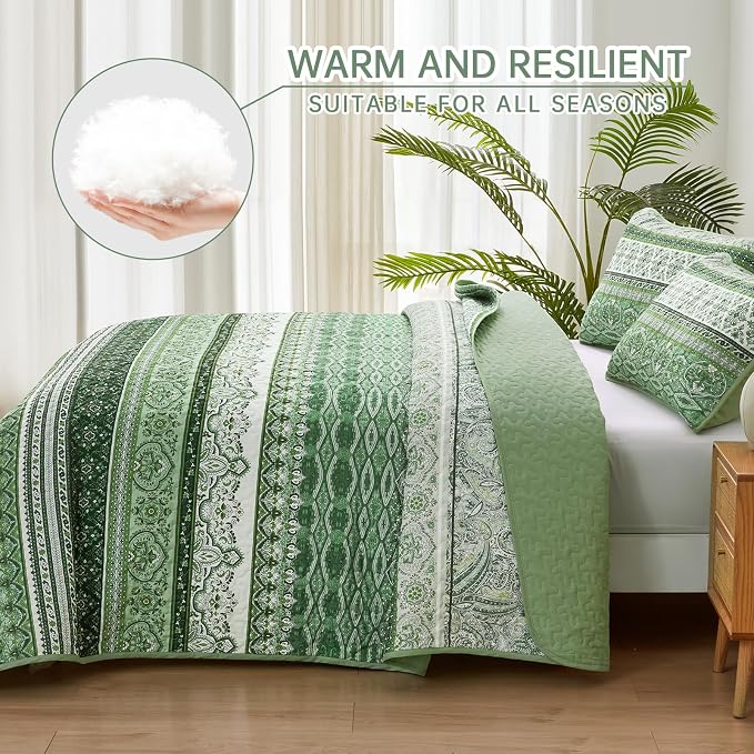 WONGS BEDDING Boho Queen Quilt Set, Light Green Bohemian Quilt Bedding Set - Image 3