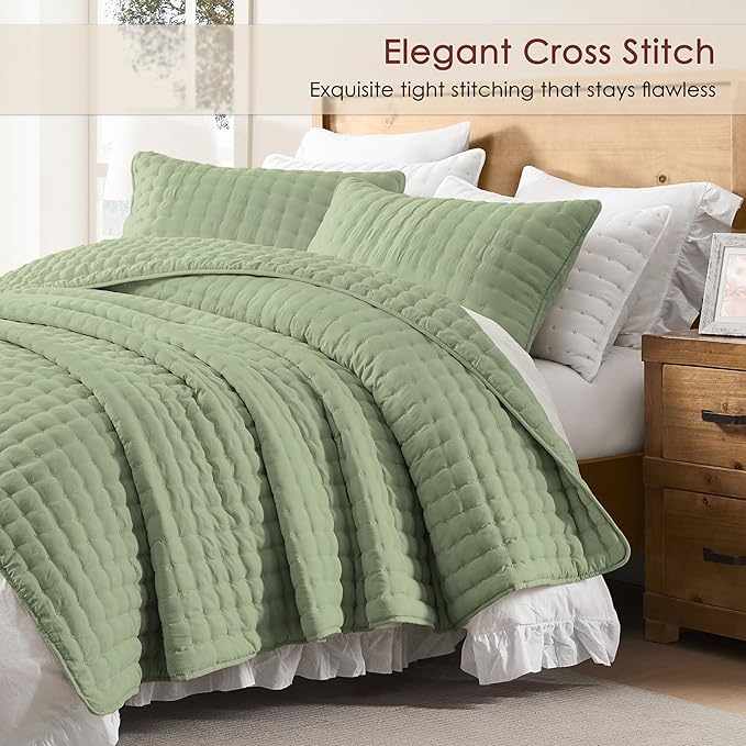 WDCOZY Sage Green Cloud Quilt Set Twin Size, Lightweight Soft Cross Stitch - Image 3