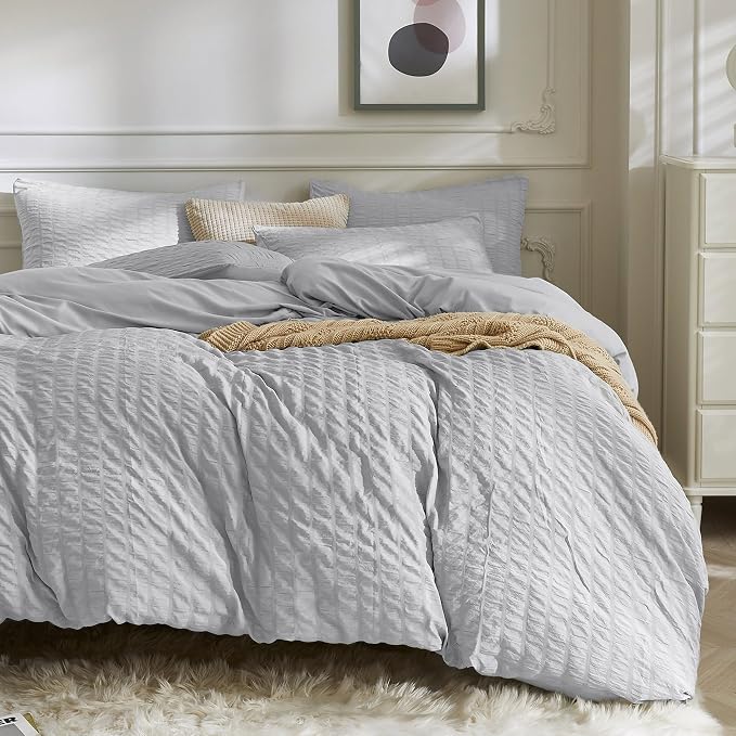 JELLYMONI Light Grey Duvet Cover Queen Size, Soft Breathable Seersucker Duvet by JELLYMONI