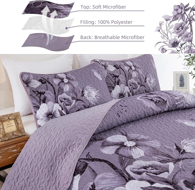 Floral Quilt Set Queen 3 Pieces Dark Purple Boho Flower Quilt Coverlet Set Soft - Image 7