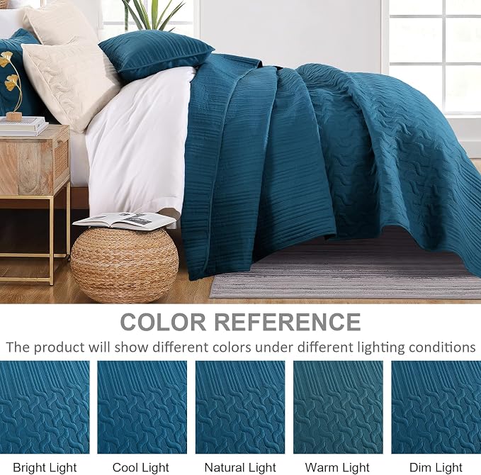 Yiran Teal Blue Quilt Set Queen Size Lightweight Bedspread Ultrasonic Wave - Image 4