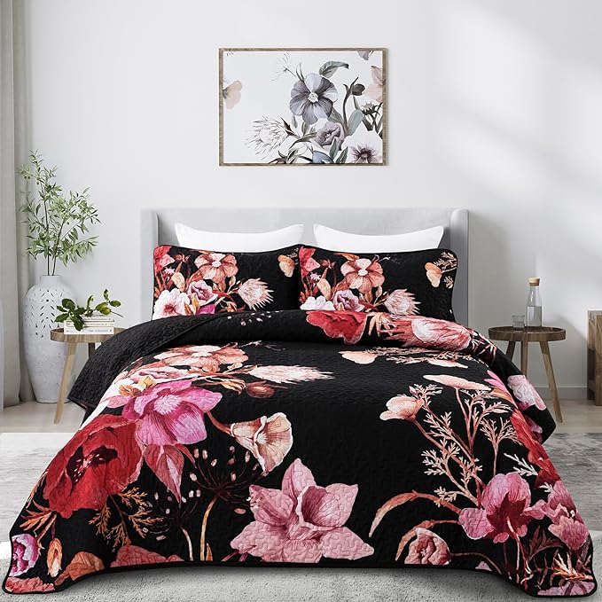 Floral Quilt Set Queen 3 Pieces Red Floral Quilt Coverlet Set Soft Microfiber by DRUCON
