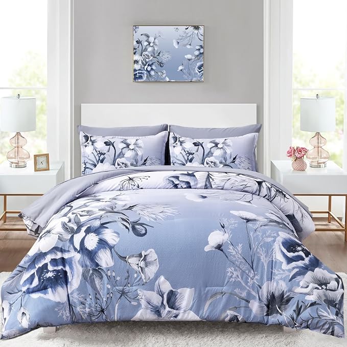 Luxudecor Floral Comforter Set Queen Size 7 Piece, Elegant Gradient Floral by Luxudecor