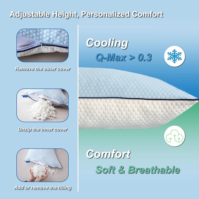 Cooling Pillow Queen Size, Shredded Memory Foam Adjustable Loft, Slow Rebound - Image 6