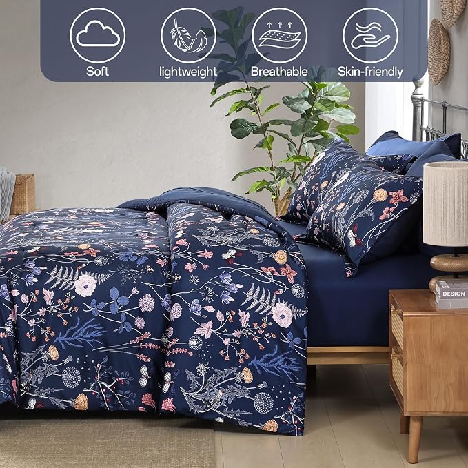 Yiran Queen Comforter Set, 7 Pieces Navy Blue Floral Soft Bedding Sets - Image 6