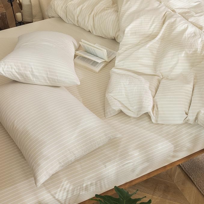 MooMee Striped Duvet Cover Set 100% Washed Cotton Linen Like Textured - Image 9