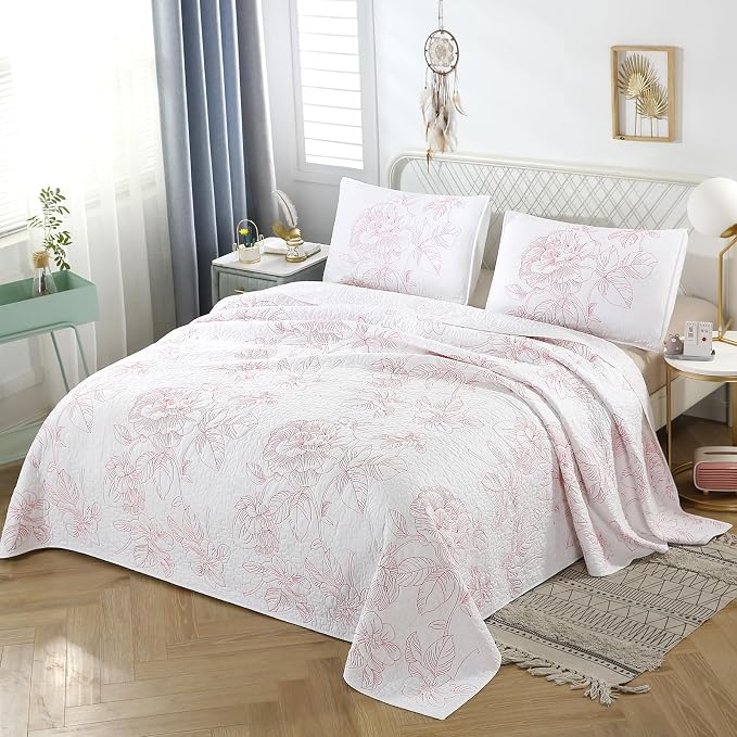 ROOMLIFE Quilt Set Full Size 3D Floral Embroidery Pattern 3-Piece Cotton by ROOMLIFE