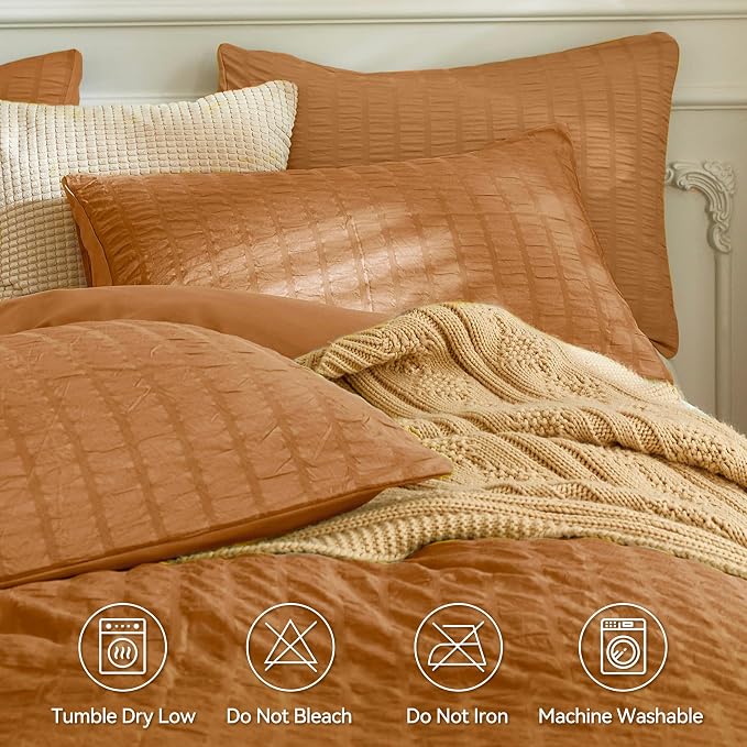 JELLYMONI Burnt Orange Duvet Cover Twin Size, Soft Breathable Seersucker Duvet - Image 4