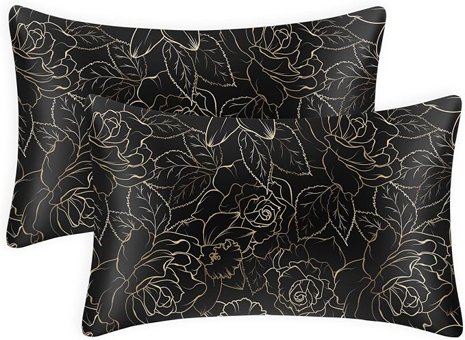 EXQ Home Satin Pillowcase for Hair and Skin- Rose on Black Silk Pillowcase 2 by EXQHomeTexitleCoLtd