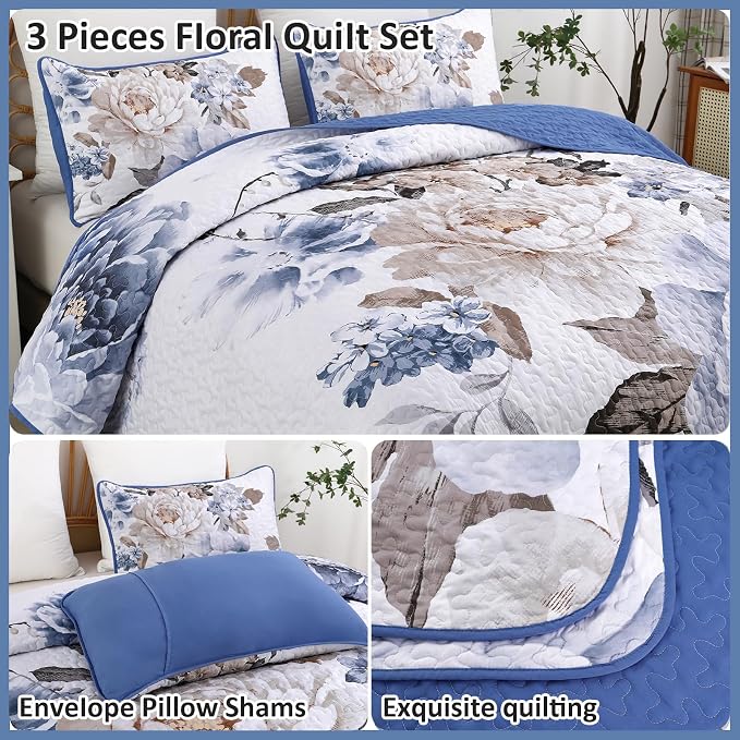 WONGS BEDDING Floral Quilt Set 3 Pieces Blue Quilted Printed Bedspreads Bedding - Image 5