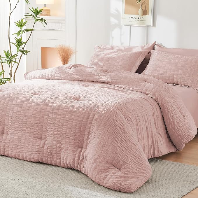 HYMOKEGE Rose Gold Full Size Comforter Sets Seersucker 7 Pieces, All Season - Image 8