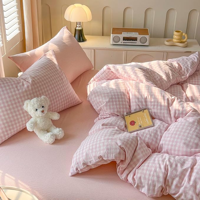 mixinni Light Pink Gingham Duvet Cover Set Twin XL Size - Image 7