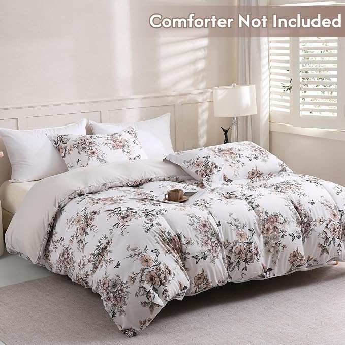 LONAVA King Floral 3 Pcs Duvet Cover Set, Breathable Soft Microfiber Light Grey - Image 2