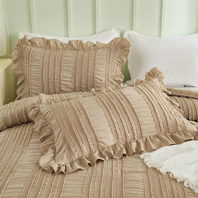 WONGS BEDDING Khaki Comforter Set Queen, 3 Pieces Ruffle Farmhouse Shabby Chic - Image 5