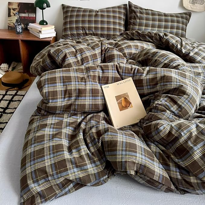 PinkMemory Brown Blue Gingham Buffalo Plaid Duvet Cover King 100% Washed Cotton - Image 6