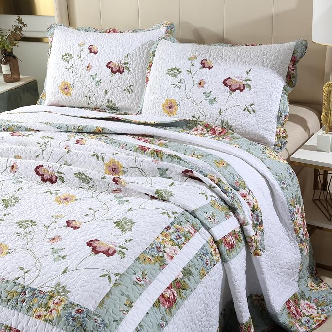 ROOMLIFE Quilt Set Queen Size 3D Floral Embroidery Pattern 3-Piece Cotton - Image 3