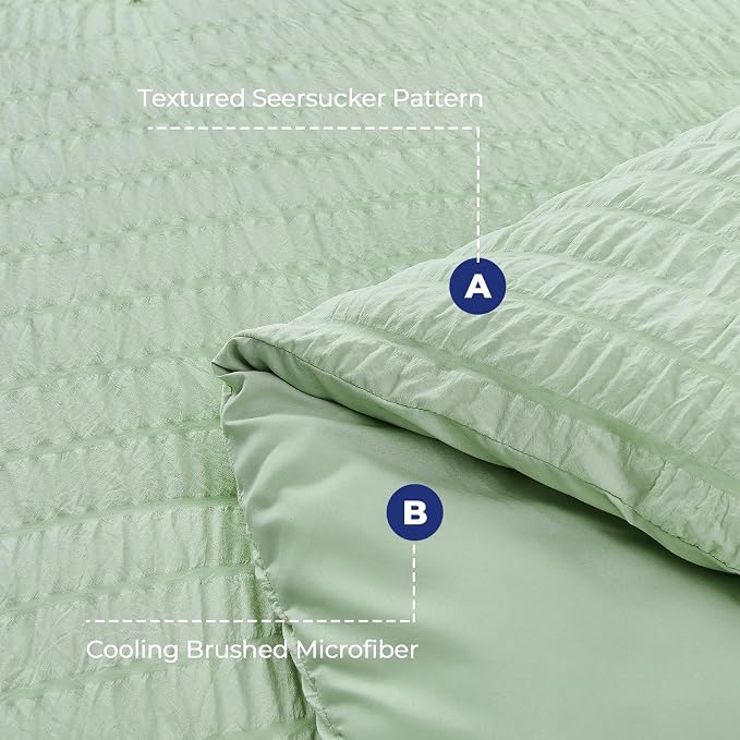 HYMOKEGE Light Green Duvet Cover Queen Size, Ultra Soft 3-Piece Seersucker - Image 3