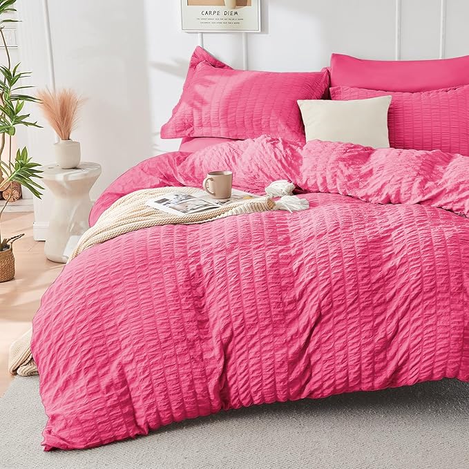 HYMOKEGE Hot Pink Queen Comforter Set Seersucker 7 Pieces, All Season Luxury - Image 2