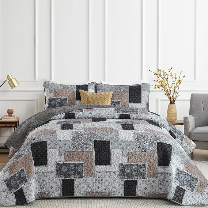 Xruibed Grey Quilt Set King Size 3 Pieces Plaid Floral Boho Bedspread Coverlet by Xruibed