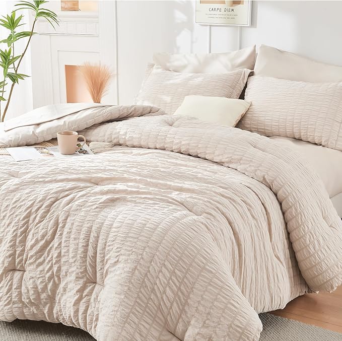 HYMOKEGE Beige Oversized Queen Comforter Set Seersucker 7 Pieces, All Season by HYMOKEGE