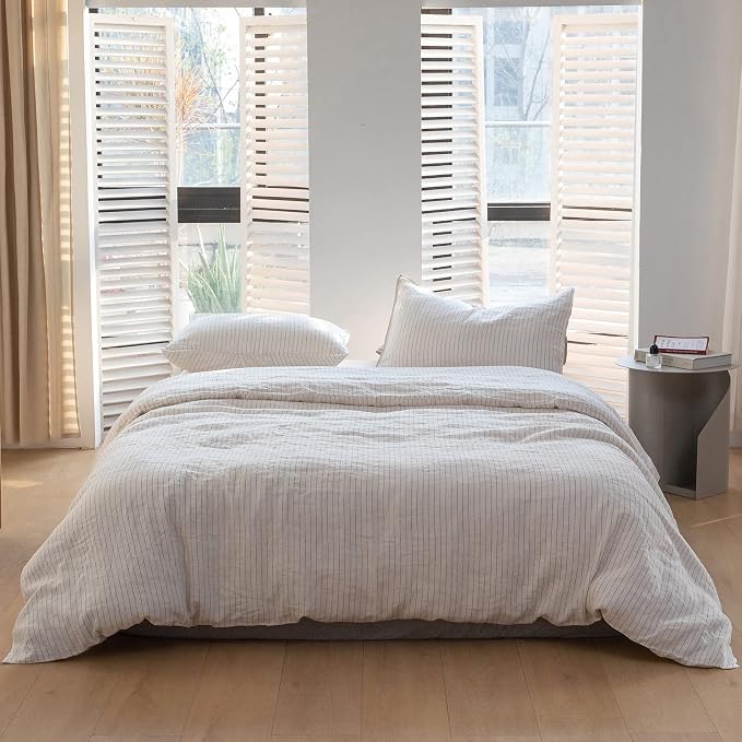 Simple&Opulence 100% Linen Duvet Cover Set 3pcs Yarn Dyed Vertical Pinstripe - Image 6