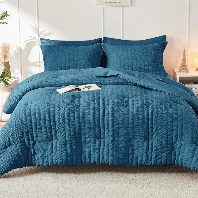 HYMOKEGE Teal Queen Comforter Set Seersucker 7 Pieces, All Season Luxury Bed in - Image 9