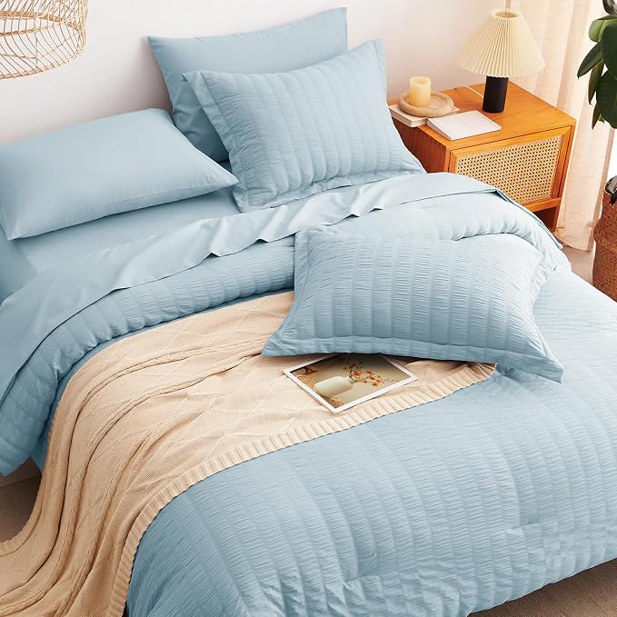 CozyLux Queen Comforter Set Light Blue Seersucker 7 Pieces Bed in a Bag Queen - Image 6