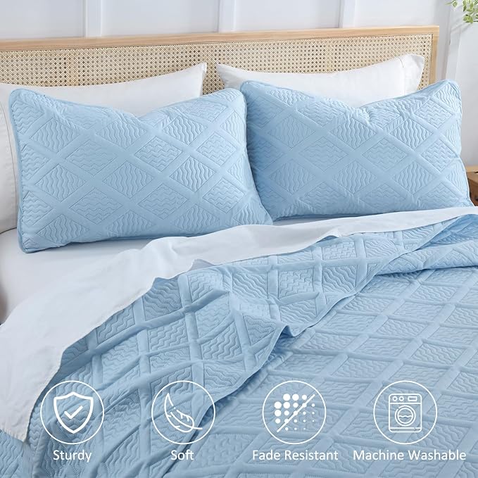 Yiran Ash Blue Quilt Set Queen Size, 3 Piece Reversible Bedspreads Bedding Set - Image 4