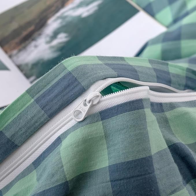 mixinni Green Gingham Grid Duvet Cover Twin, 100% Washed Cotton Modern - Image 7