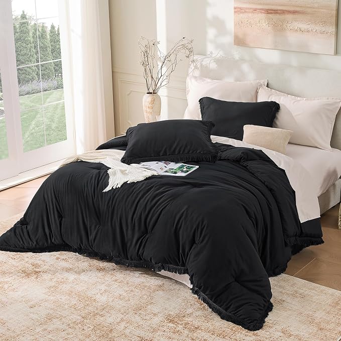 Andency Black Comforter Set Full Size, 3 Pieces Boho Tassel Lightweight Bedding - Image 6