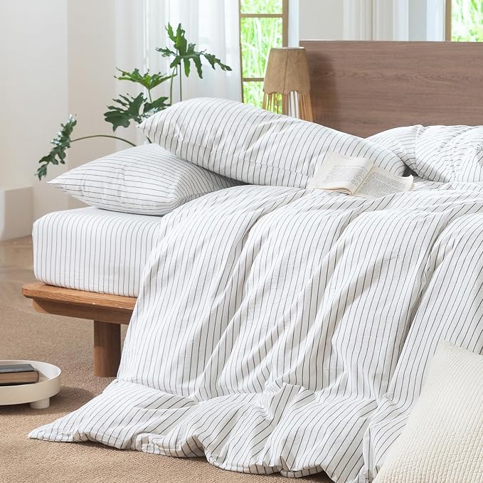MooMee Striped Duvet Cover Set 100% Washed Cotton Linen Like Textured - Image 5