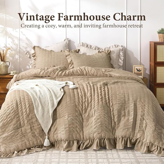 JOLLYVOGUE Full Size Comforter, 3 Pieces Khaki Seersucker Lightweight Full Size - Image 2
