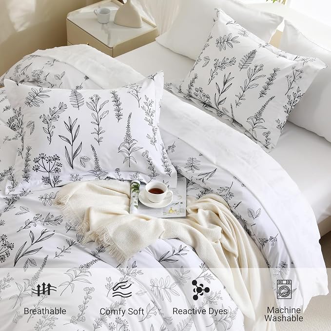 MUXHOMO Duvet Cover Full Size, Reversible Floral White Duvet Cover Set - Image 5