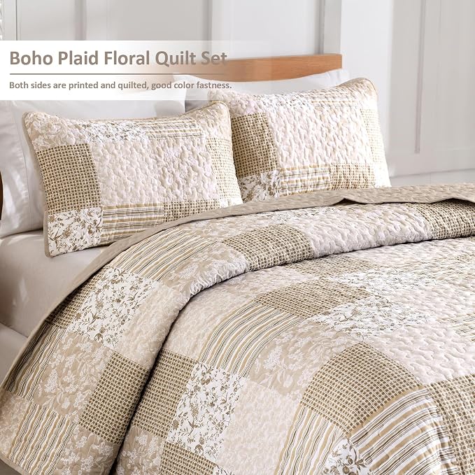 Mybedsoul Beige Boho Quilt Set Queen Size, 3 Pieces Plaid Floral Bedspread Set - Image 2