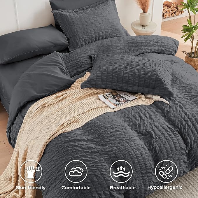 HYMOKEGE Dark Grey Twin Size Duvet Cover, Ultra Soft 2-Piece Seersucker Duvet - Image 8