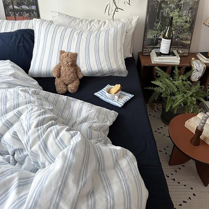 mixinni Vintage Blue & White Striped Duvet Cover Set - Image 2