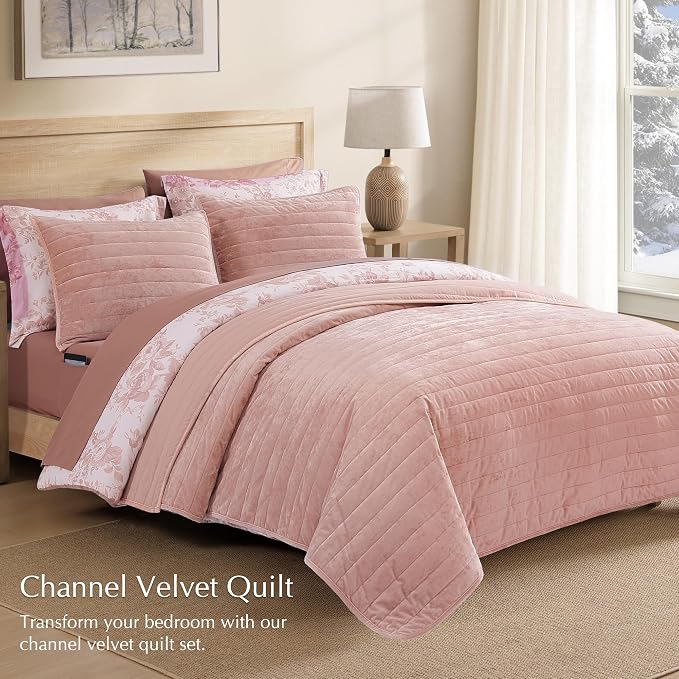 WRENSONGE Velvet King Size Quilt Set-3 Pieces Clay Pink Luxurious Velvet - Image 2