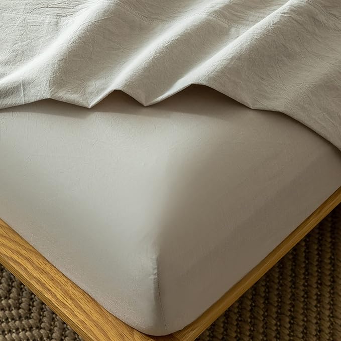 MooMee Fitted Bottom Sheet Only 100% Washed Cotton Linen Like Textured by MOOMEE