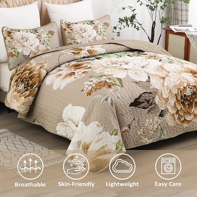 WONGS BEDDING Floral Quilt Set Khaki King, 3 Pieces Botanical Quilted Printed - Image 3