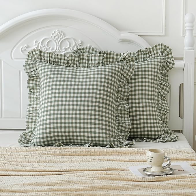 2 Pack Sage Green White Plaid Ruffle Euro Shams Pillow Covers 26x26 inches - Image 3