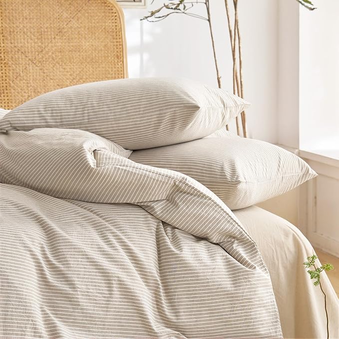 Wake In Cloud - Striped Cotton Duvet Cover Set, 100% Washed Cotton Textured - Image 6