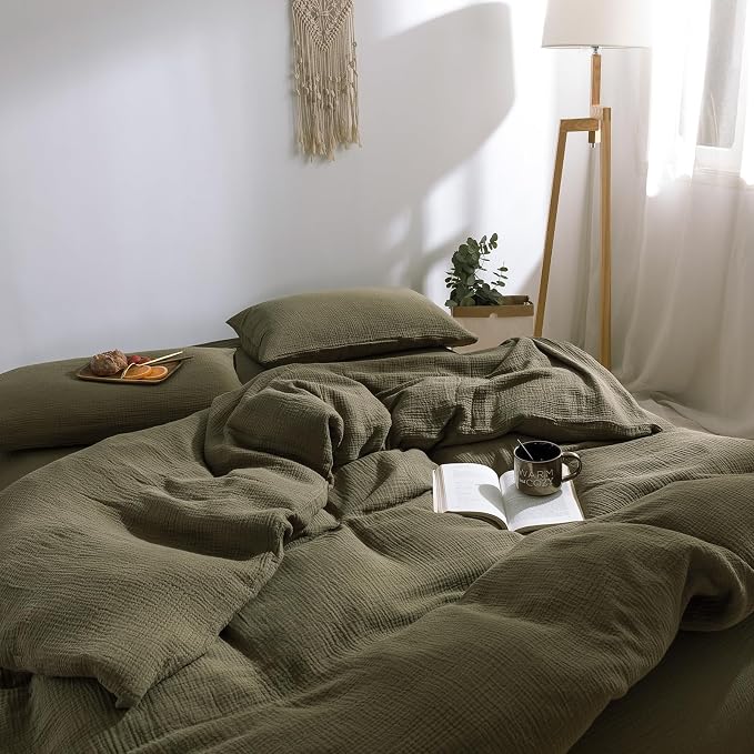 mixinni Olive Green Waffle Weave Duvet Cover Set King, 3-Piece 100% Natural - Image 8